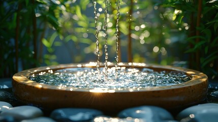 Tranquil water fountain, garden backdrop, serene scene, spa relaxation