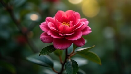Radiant Camellia Blossom: A Study in Crimson and Gold, Captured in Detail