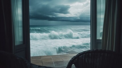 Fototapeta premium Ocean's Fury Viewed from a Cozy Interior: Dramatic Coastal Scene