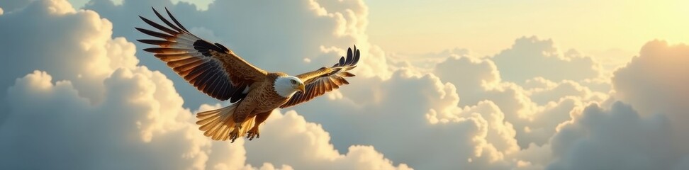 Obraz premium Majestic golden eagle in flight, fluffy clouds , landscape, outdoors, clouds