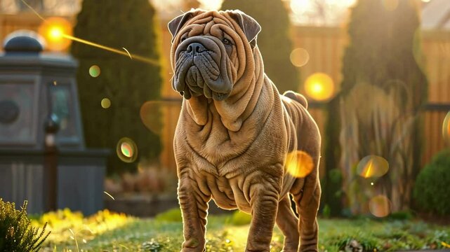 Majestic shar pei dog standing outdoors in a sunlit garden with warm glowing background AI