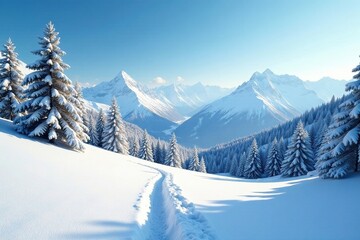 Snowy meadow with trees and mountains in the background, snow, blue sky