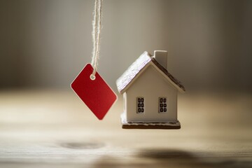A close-up of a price tag falling downward from a house figurine on a neutral background.Home prices.Housing crisis.Affordable housing.High rent.