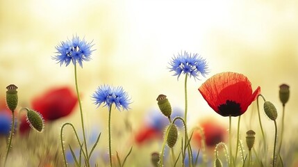 Vibrant Red Poppies and Blue Flowers in a Sunny Meadow Nature Scene Colorful Flora Serene Atmosphere Close-up View