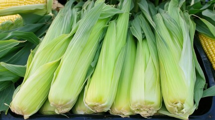 Fototapeta premium Fresh corn on the cob, closely packed, vibrant green husks, displayed for sale.