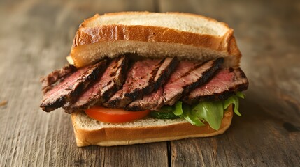 Delicious Grilled Steak Sandwich on Wooden Table