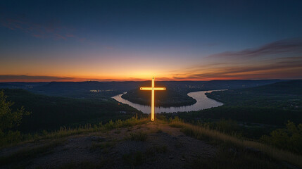 Obraz premium A glowing cross standing tall on a hill, illuminated by a breathtaking sunrise symbolizing hope and faith.