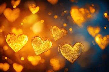 Fototapeta premium Abstract yellow glowing hearts with a bokeh background