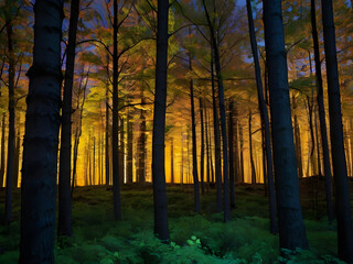 Obraz premium Enchanted Forest at Dusk: Tall, slender trees stand silhouetted against a backdrop of warm, golden light, creating a mystical and enchanting atmosphere within a dense forest at twilight.