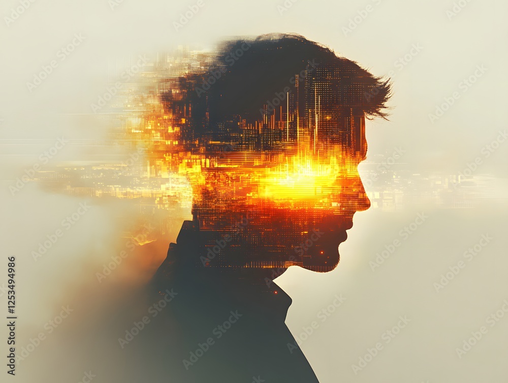 Aufkleber Profile of a Man Merging with Abstract Digital Light Effects