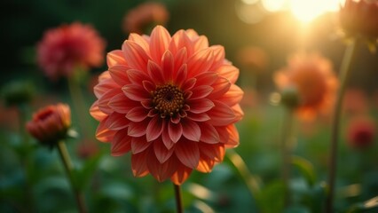Warm sunlight embracing a radiant coral dahlia in a lush green garden