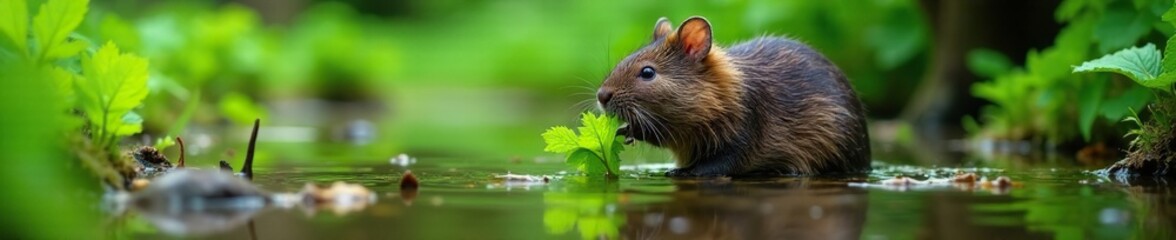 Fototapeta premium Water vole feeding on stinging nettle leaves in stream, natural world, wild life