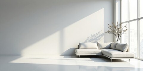 Modern Minimalist Living Room Interior Design with Sunlight Streaming Through Large Window and Off-White Sectional Sofa