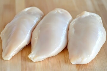 Three Raw Chicken Breasts on Wooden Board