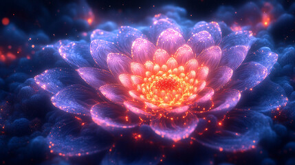 Vibrant lotus flower illuminated by soft glowing lights in a dark dreamy background