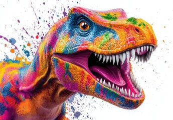 Vibrant colorful dinosaur head illustration with multi colored paint splatters, white background,...