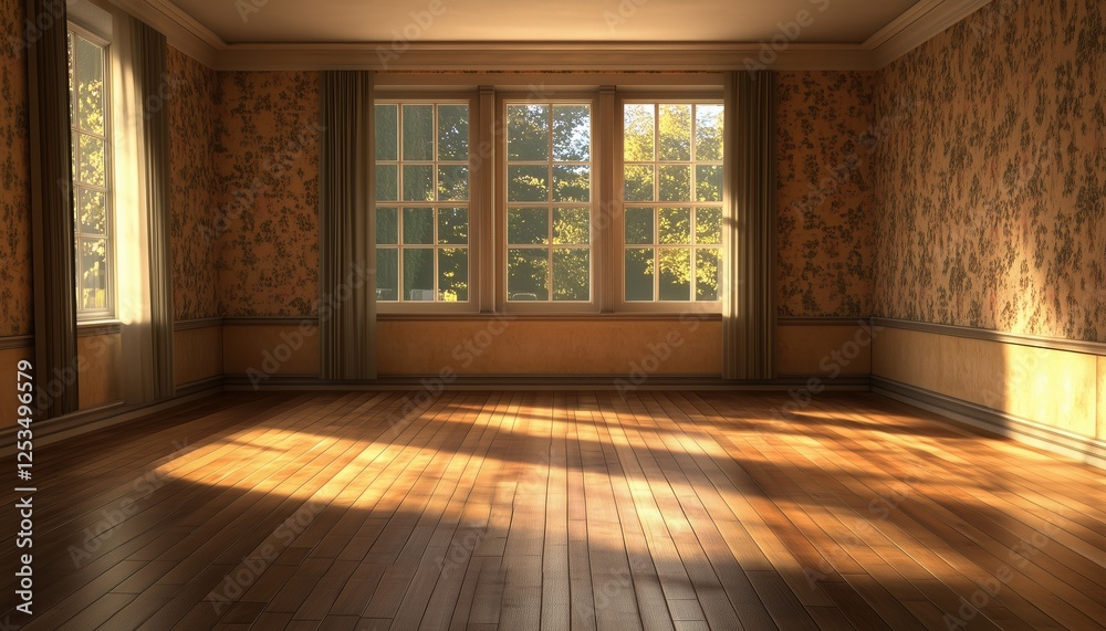 Poster digital rendering of an empty room with natural light streaming in. visual representation of an unoc