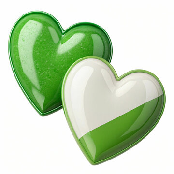 Two green and white hearts, 3D-rendered and isolated