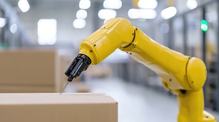 Automated robotic arm placing object in cardboard box in factory