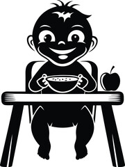 Cute Cartoon Baby eating food with high chair isolated with silhouette and line art vector illustration design