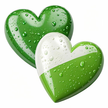 Two green and white hearts, 3D-rendered and isolated