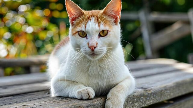 Relaxed japanese bobtail cat resting outdoors in sunlit garden AI