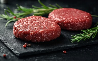 Freshly made raw beef patties with marbled texture and herbs on a dark slate plate for barbecue grilling and cooking