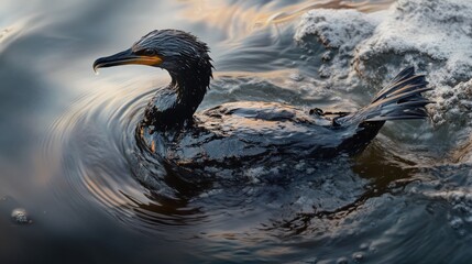Dark colored bird, likely a cormorant, swimming on water at sunset. Ripples and reflections on the water surface are visible.  The bird's plumage is wet and textured, showing details of its feathers