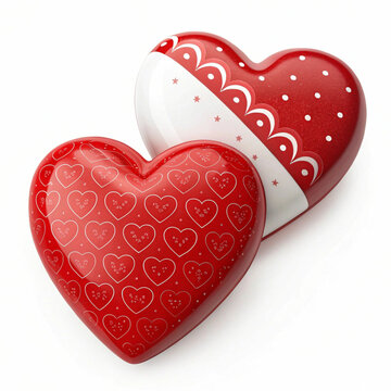 Two red and white hearts, 3D-rendered and isolated