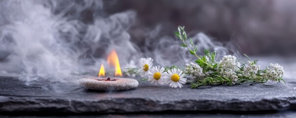 Peaceful aroma therapy scene with stone incense and daisies