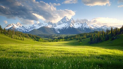 Majestic mountain range at sunset, scenic valley, green meadow, travel poster