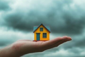 A miniature house with colorful details sitting in a large, rough hand against a cloudy sky.Housing crisis.Affordable housing.High rent.Home prices.