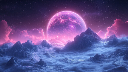 Majestic mountain landscape with a vibrant moonlit sky over rolling clouds