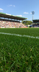 Fototapeta premium Stadium View: Lush Green Grass, White Lines, and Crowd Excitement! Sports, Turf, and Spectators.