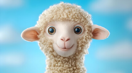 Cute lamb portrait, blue sky background, farm animal, children's book illustration