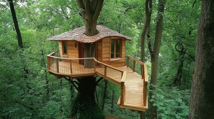 Naklejka premium A stylish minimalist treehouse made of natural wood, blending harmoniously with the surrounding forest, perfect for a tranquil getaway.