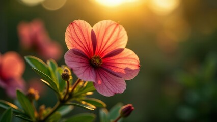 Translucent petals of a Lavatera flower backlit by golden sunset glow