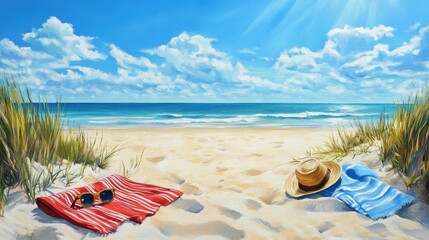 Obraz premium A sunny beach scene with clear blue skies, golden sand, and a refreshing ocean breeze, complete with beach towels, sunglasses, and sunscreen for a perfect summer day.