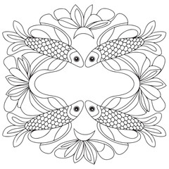 Flower and fish frame hand drawn for adult coloring book
