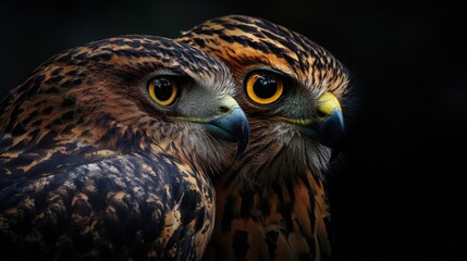 Close up of two hawks heads, dark background, featuring intricate patterns,  yellow eyes, detailed plumage,  wildlife, birds of prey, close up view, raptors,  wildlife portraiture, natural textures