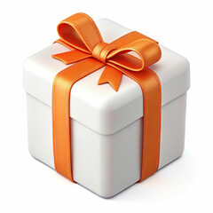 A 3D-rendered white gift box with an orange ribbon, symbolizing celebration, joy, and elegance with a festive, stylish design.
