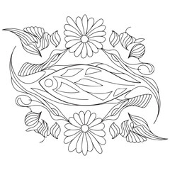 Flower and fish frame hand drawn for adult coloring book