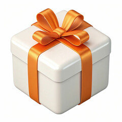 A 3D-rendered white gift box with an orange ribbon, symbolizing celebration, joy, and elegance with a festive, stylish design.