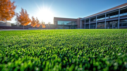 Artificial turf field at school campus during sunrise, ideal for educational content