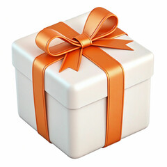 A 3D-rendered white gift box with an orange ribbon, symbolizing celebration, joy, and elegance with a festive, stylish design.