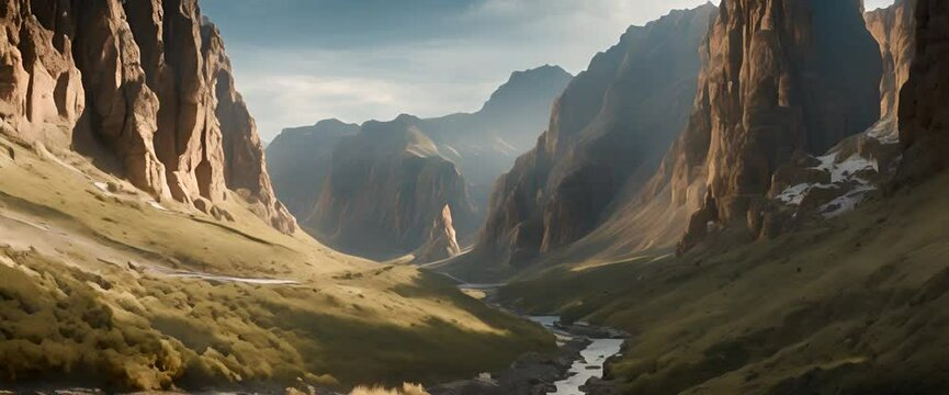 Rugged mountain pass winding through dramatic rock formations hyperrealistic photo Video 4K