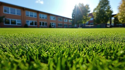 Lush green schoolyard lawn with brick building, sunny day