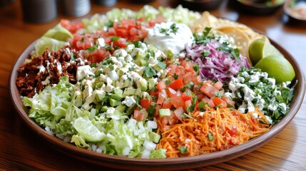 A vibrant platter of Mexican tacos with colorful toppings including fresh lettuce, diced tomatoes, cheese, sour cream, and lime wedges, served on a wooden table.