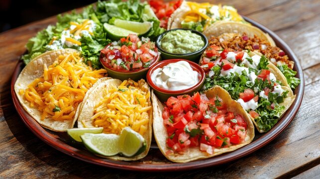 A vibrant platter of Mexican tacos with colorful toppings including fresh lettuce, diced tomatoes, cheese, sour cream, and lime wedges, served on a wooden table.