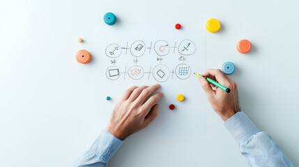 Obraz premium Hands sketching strategic goals with colorful markers and objects around